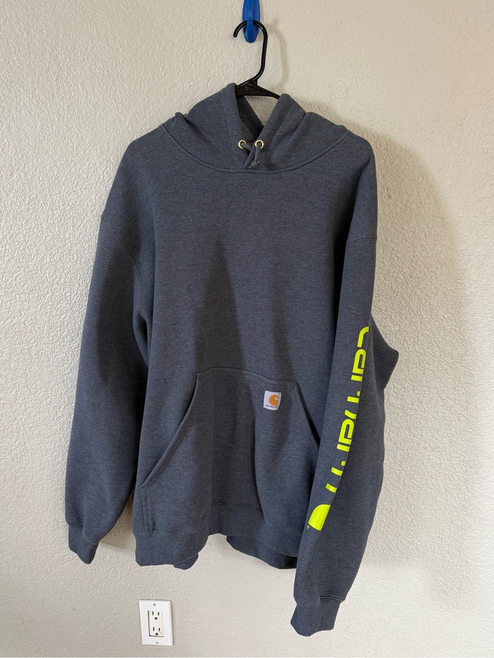 Carhartt Men's Charcoal Hooded Sweatshirt with Neon Yellow Sleeve Logo